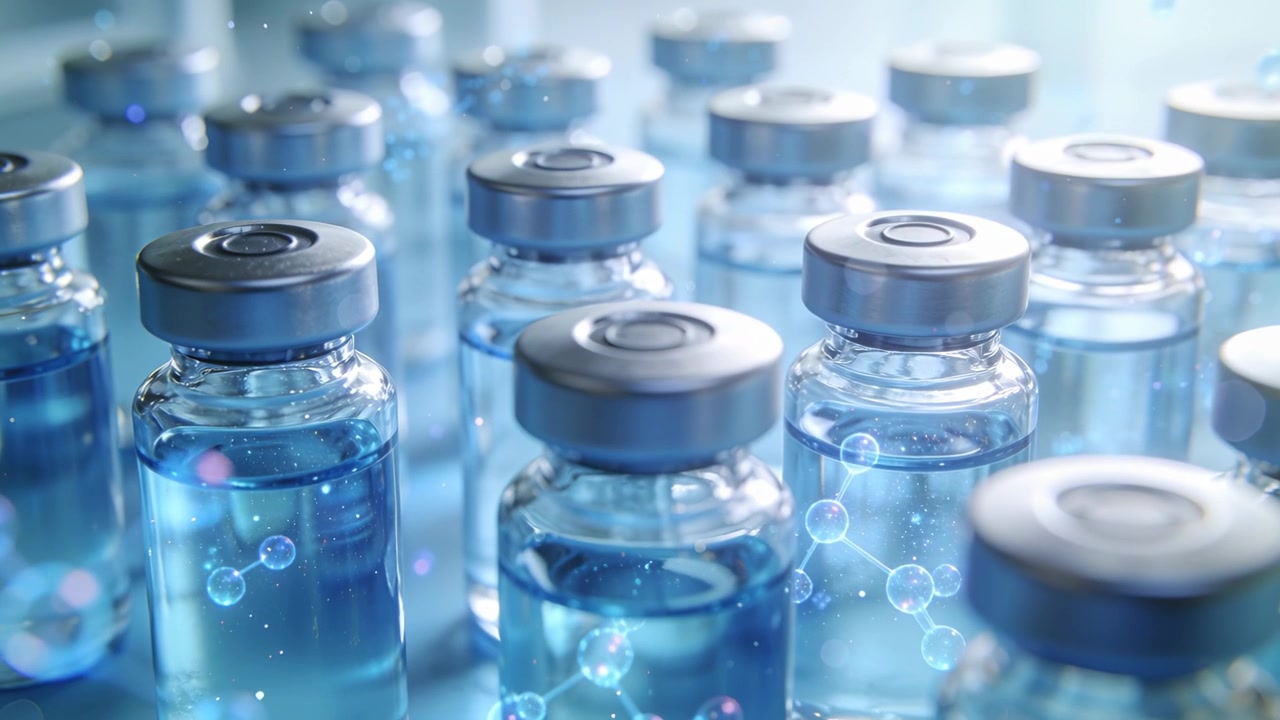 Sliding camera focusing on silver-capped blue vials in lab to highlight front trio
