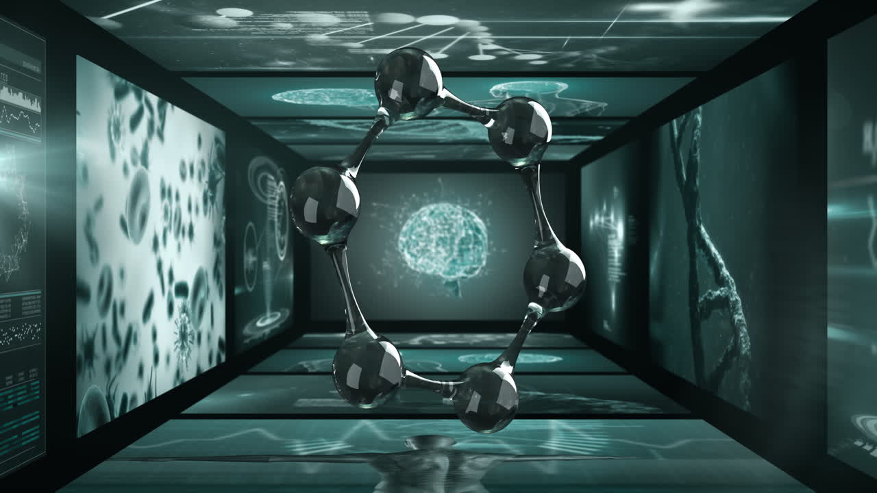 Animation of molecules link and scientific data processing on screens background
