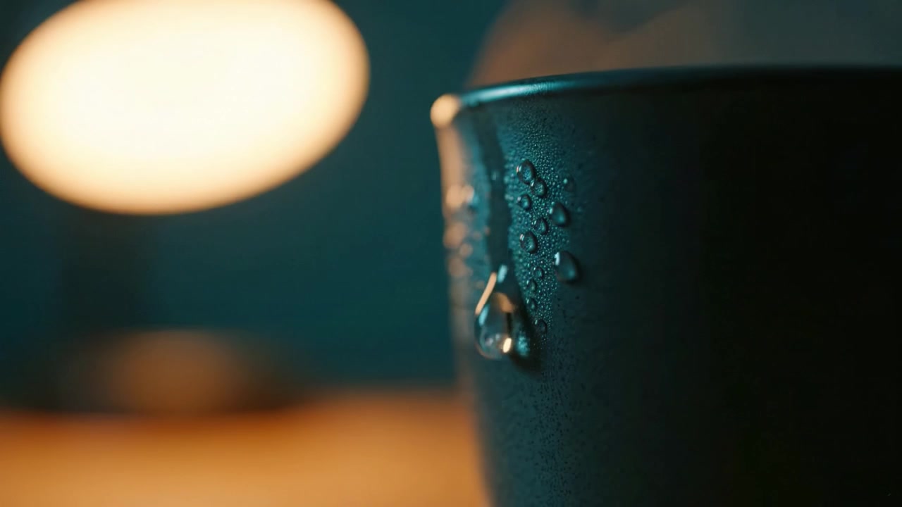 Close-Up of a Moist Surface on a Metal Bowl Under Soft Lighting, Capturing the Textures and Reflections in a Gloomy Atmosphere for an Artistic Look