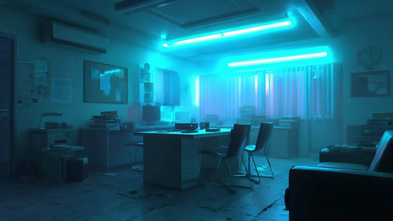 A Conceptually Intriguing Office Space Featuring Striking Neon Blue Lighting and an Atmospheric Environment, Perfectly Capturing a Sense of Mystery and Technology in a Work Setting