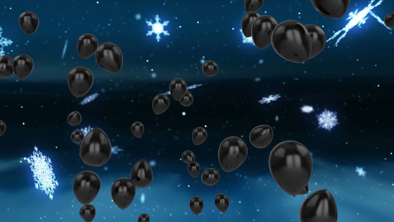 animación de globos negros volando sobre la nieve