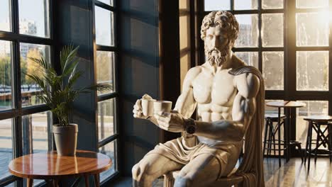 marble statue enjoying coffee in a modern cafe