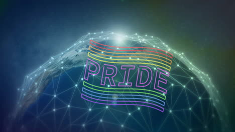 pride text animation over network of connections surrounding earth in digital space