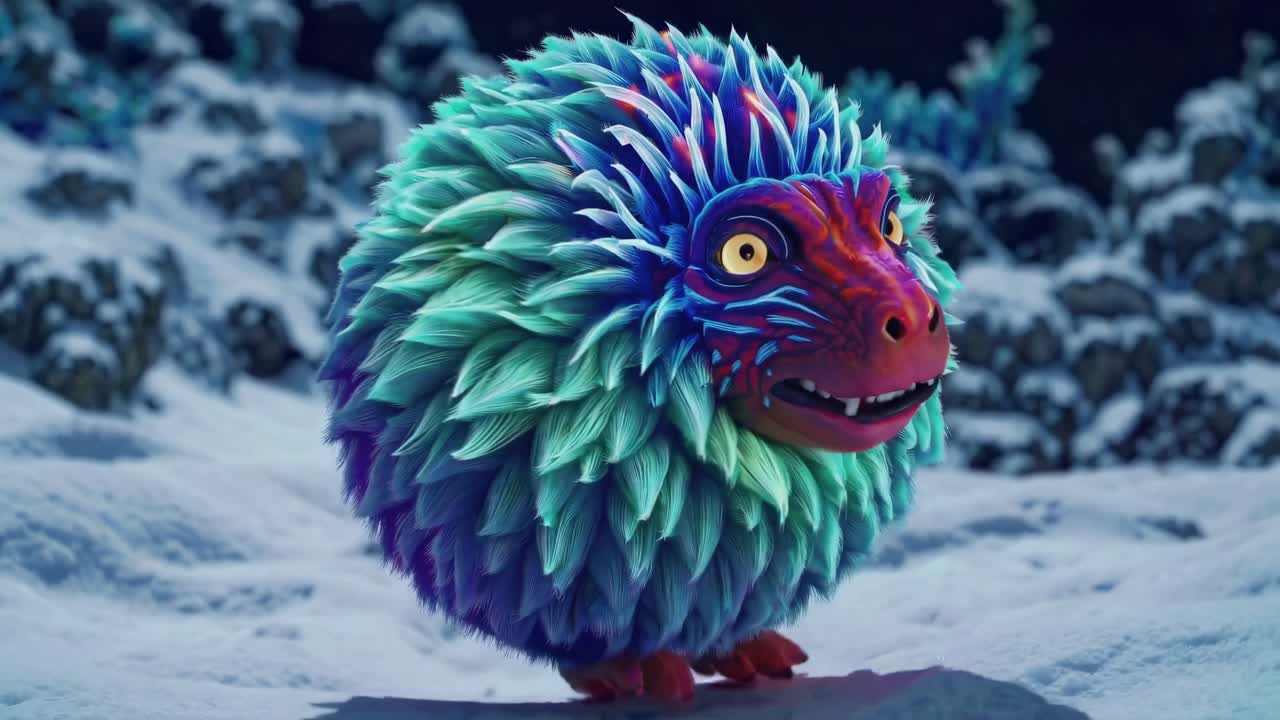 Colorful, Fluffy Spherical Fantasy Creature in a Snowy Landscape