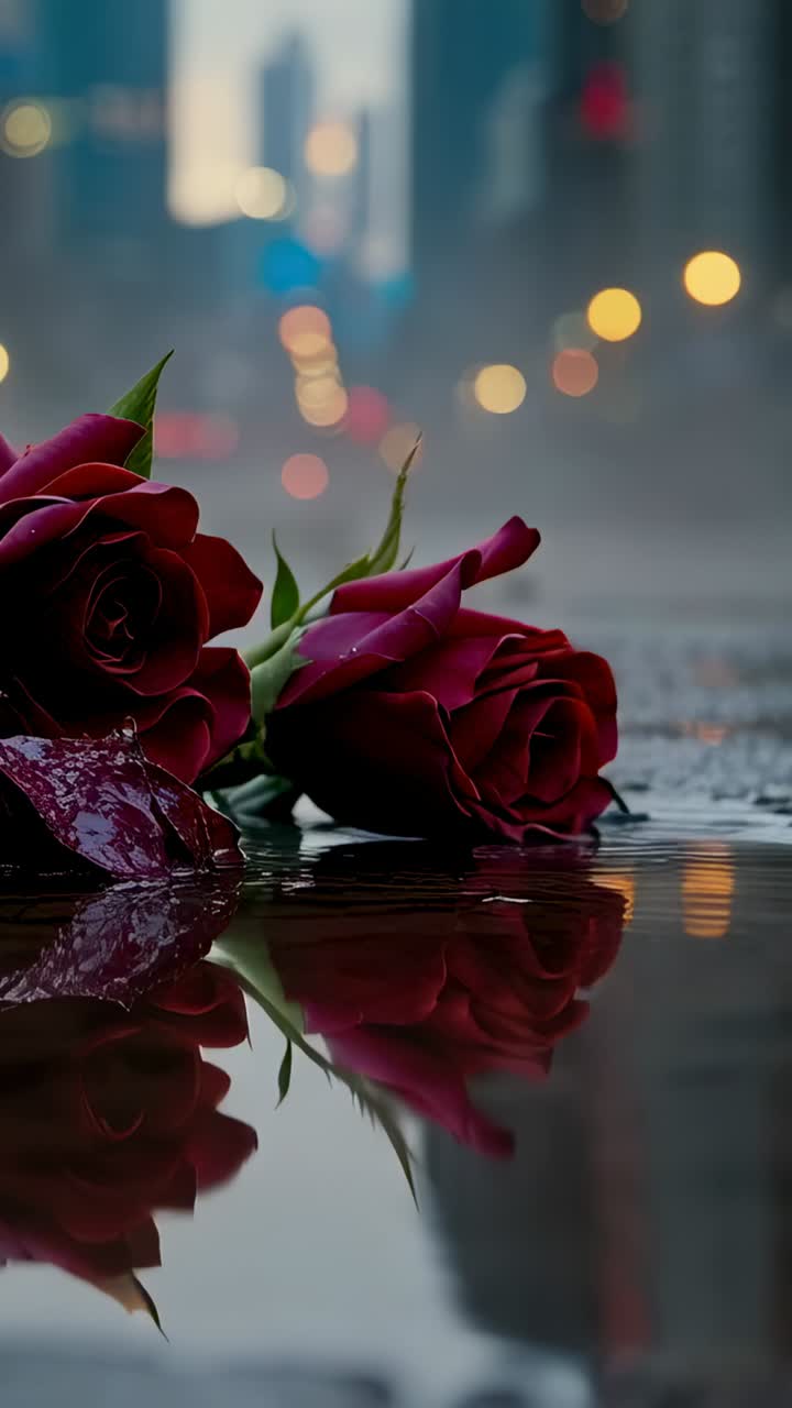 Vertikales Video: Erzeugt Wellen, Tropfen fallen in eine Bordsteinpfütze mit zwei roten Rosen, Bokeh wird gezeigt