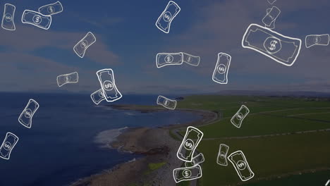 animation of banknotes icons over seaside landscape