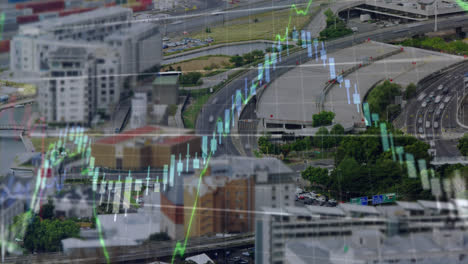 animation of financial data processing against aerial view of time-lapse of city traffic