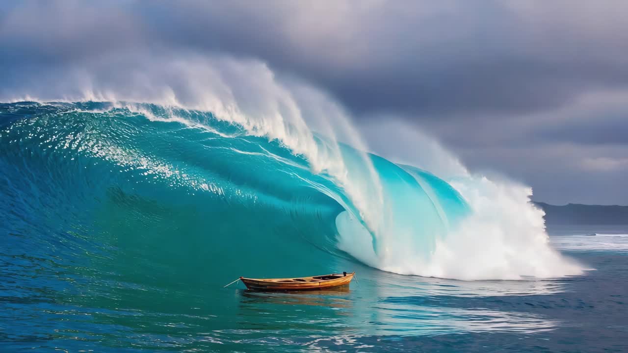 Boat in the Ocean Facing a Large Wave