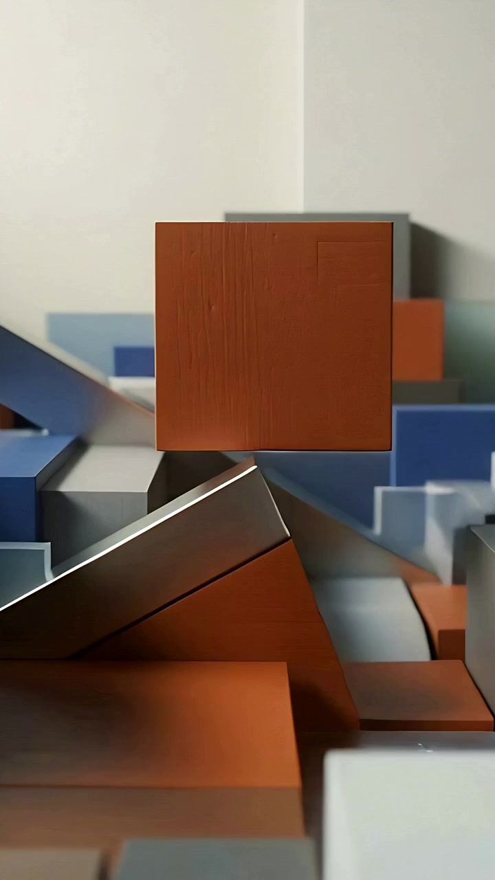 Video verticale: Cubo arancione che si solleva da una piattaforma su una base lucida, con un motore che attiva un raggio luminoso che ne mostra il centro.