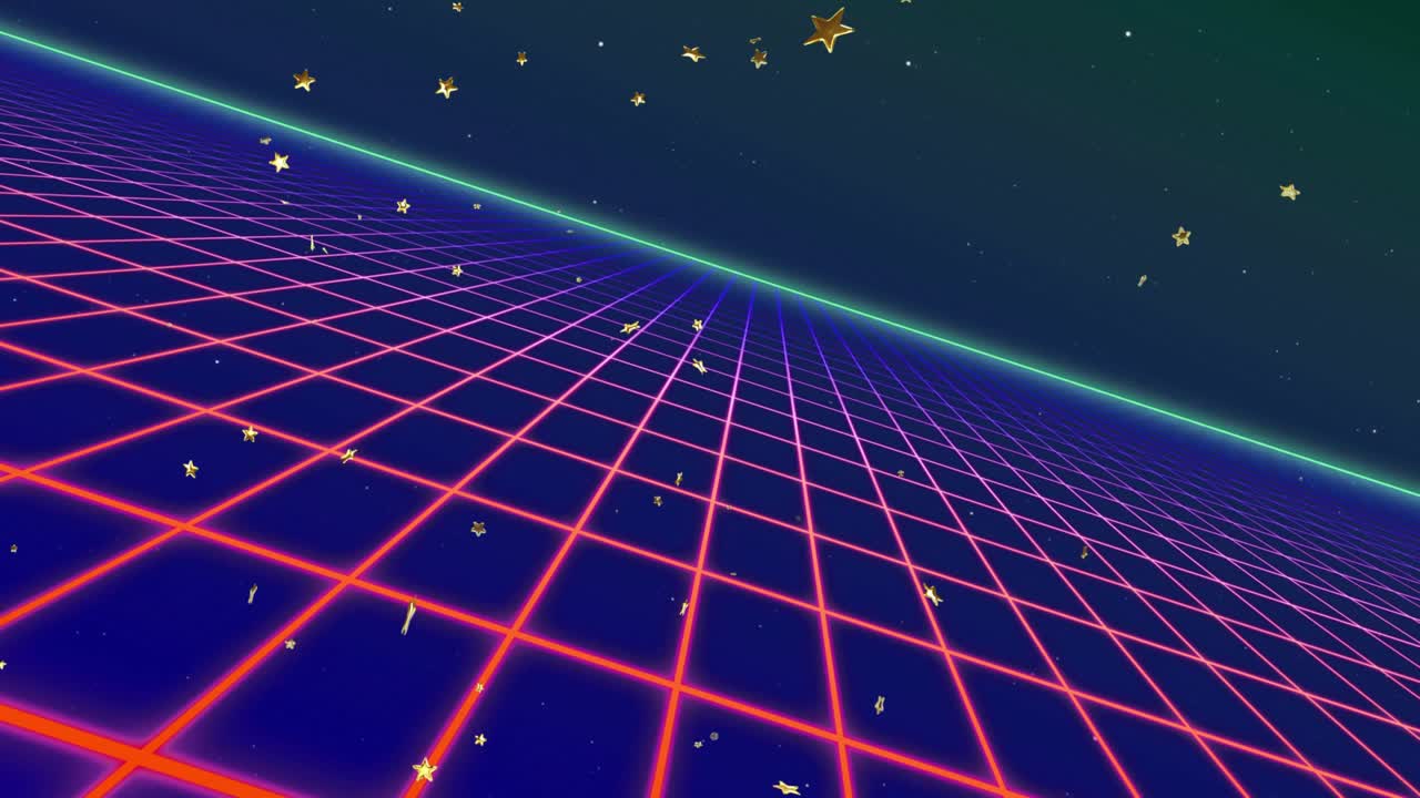 Star sprites appearing over receding neon grid starting camera panning drifting toward viewer trip