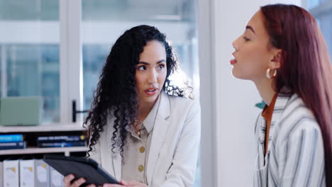 coworking, teamwork and women with tablet