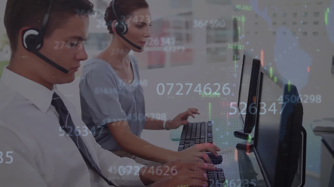 Animation of graphs and changing number over diverse customer representatives working in office