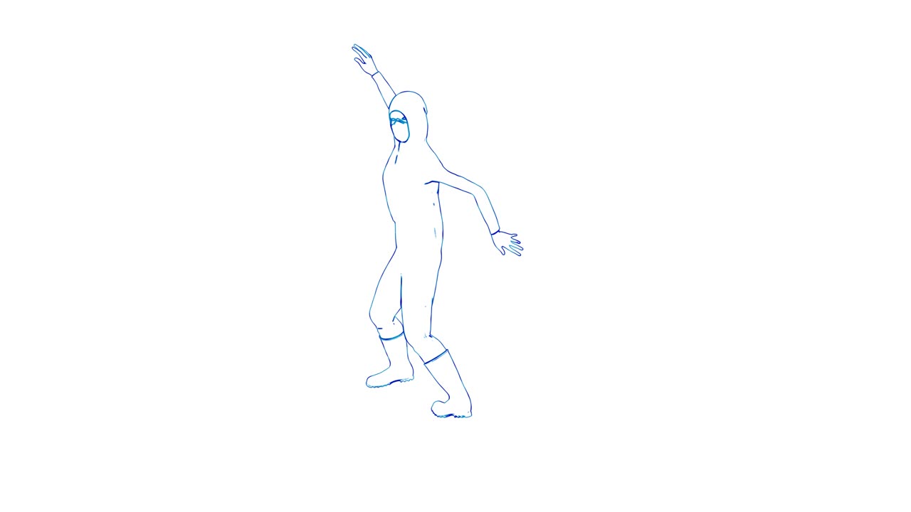 un hombre con una máscara médica y un traje de protección biológica está bailando. dibujo de pluma. bucle sin costuras. contorno azul de un hombre sobre un fondo blanco