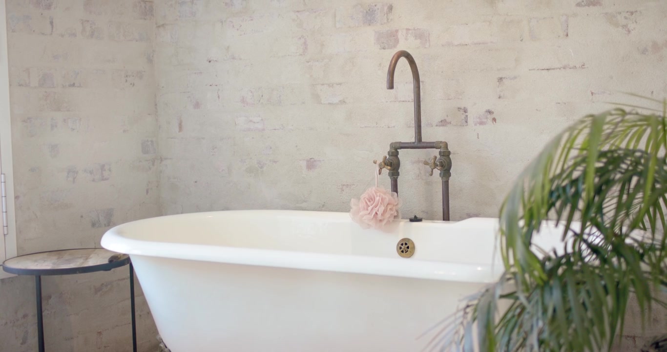 Camera is panning upward in bathroom from low angle showing clawfoot tub, vintage faucet and palm