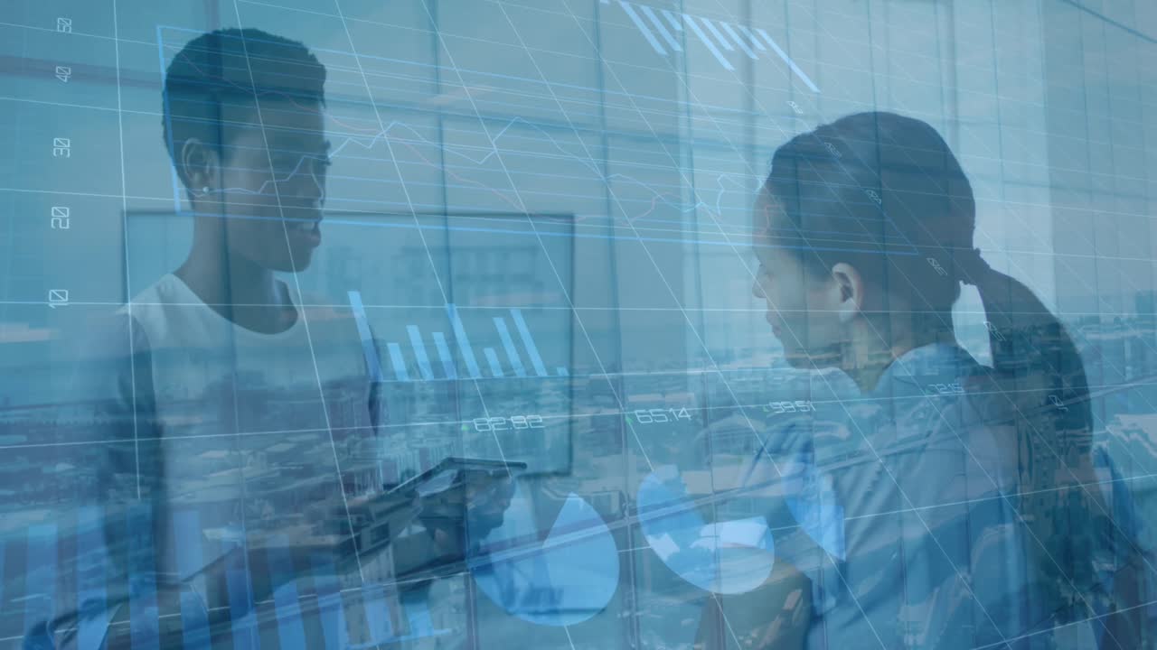 Animation of financial data processing and cityscape over diverse business people