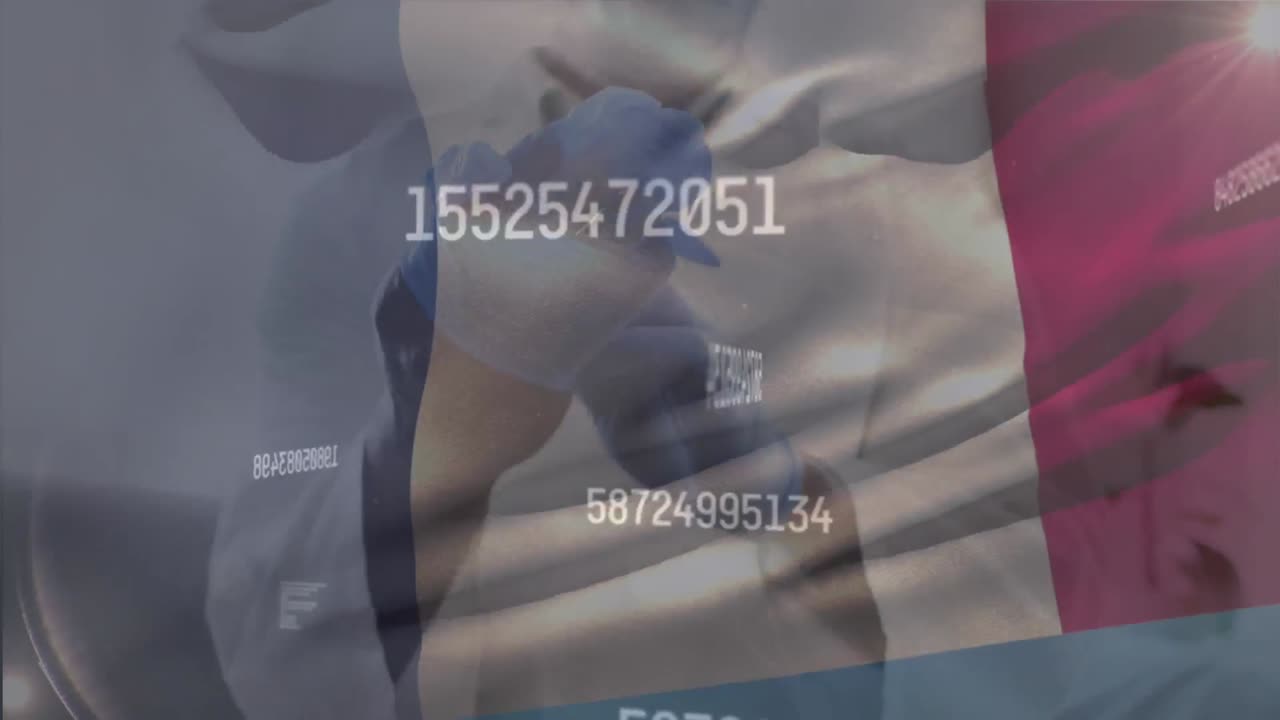 animación de la bandera de francia con estadísticas y un médico enmascarado vistiendo guantes
