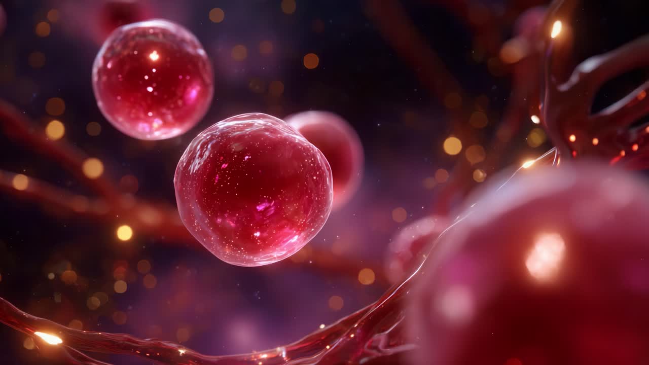 A Microscopic View of Vibrant Spherical Cells Glowing Amidst Multicolored Particles in a Complex Biological Environment, Highlighting Intricate Cellular Structures