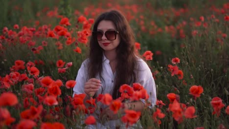 primer plano de una hermosa chica de cabello oscuro en un campo de flores silvestres y amapolas rojas, con un vestido y sonriendo mientras se pone gafas de sol
