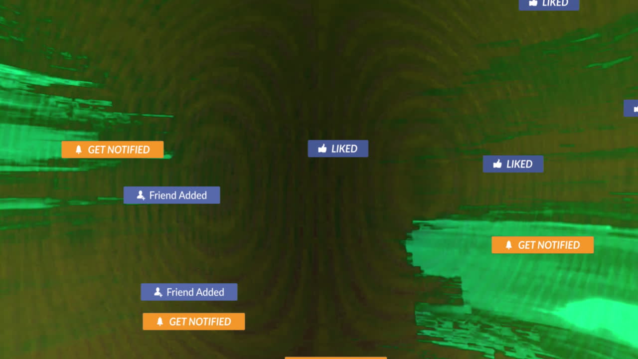 Animation of online notifications floating across screen with strobing green background
