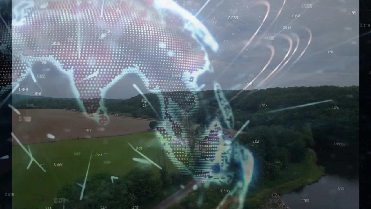 3D-rendered translucent globe projecting data over riverside fields and hills, showing river path
