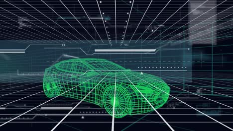 animación del procesamiento de datos sobre el modelo de dibujo 3d del coche y la cuadrícula