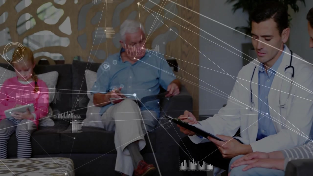 Una ragazza che tocca un tablet e un nonno che usa il telefono, attivando grafici che collegano la famiglia in consultazione con un medico.