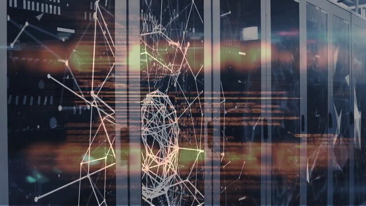 Animation of network of connections and data processing over computer servers