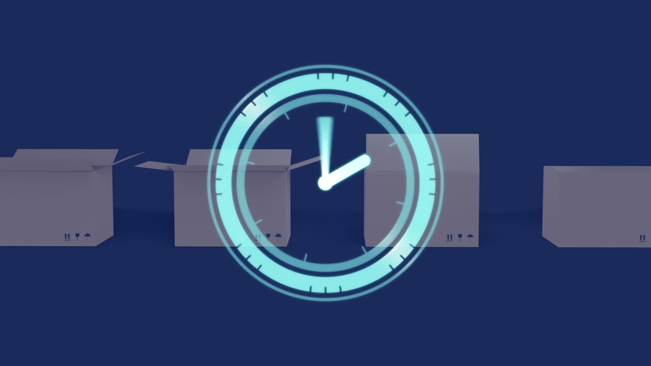 Animation einer sich bewegenden Uhr und Kartons auf blauem Hintergrund