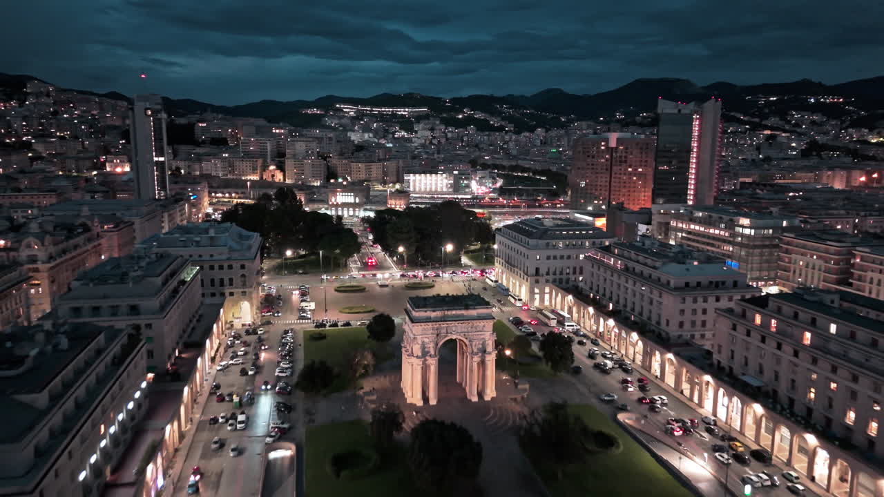 Night aerial view of Arch of the Fallen at Piazza della Vittoria, Genoa