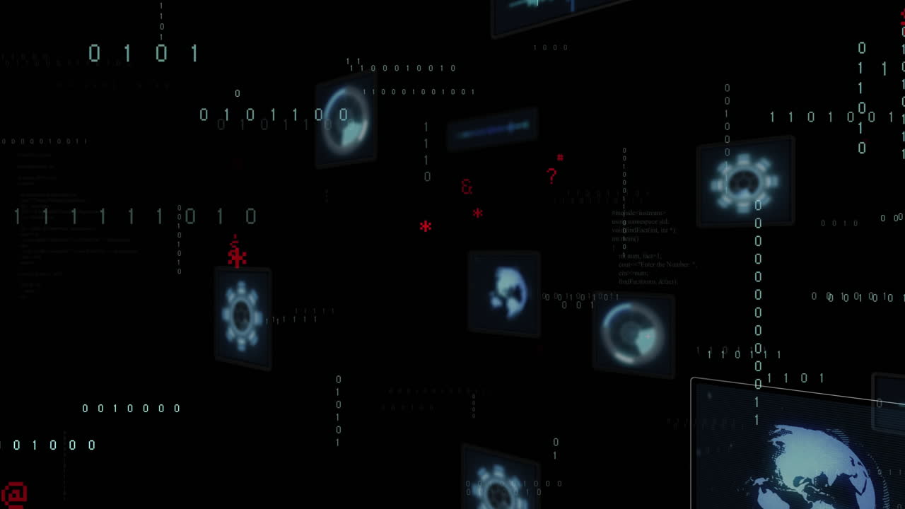 Digital data and binary code animation over abstract technology-themed background