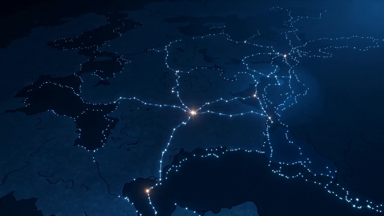 Lighting orange central and south hubs sparking web pulses moving along top-down map showing flow