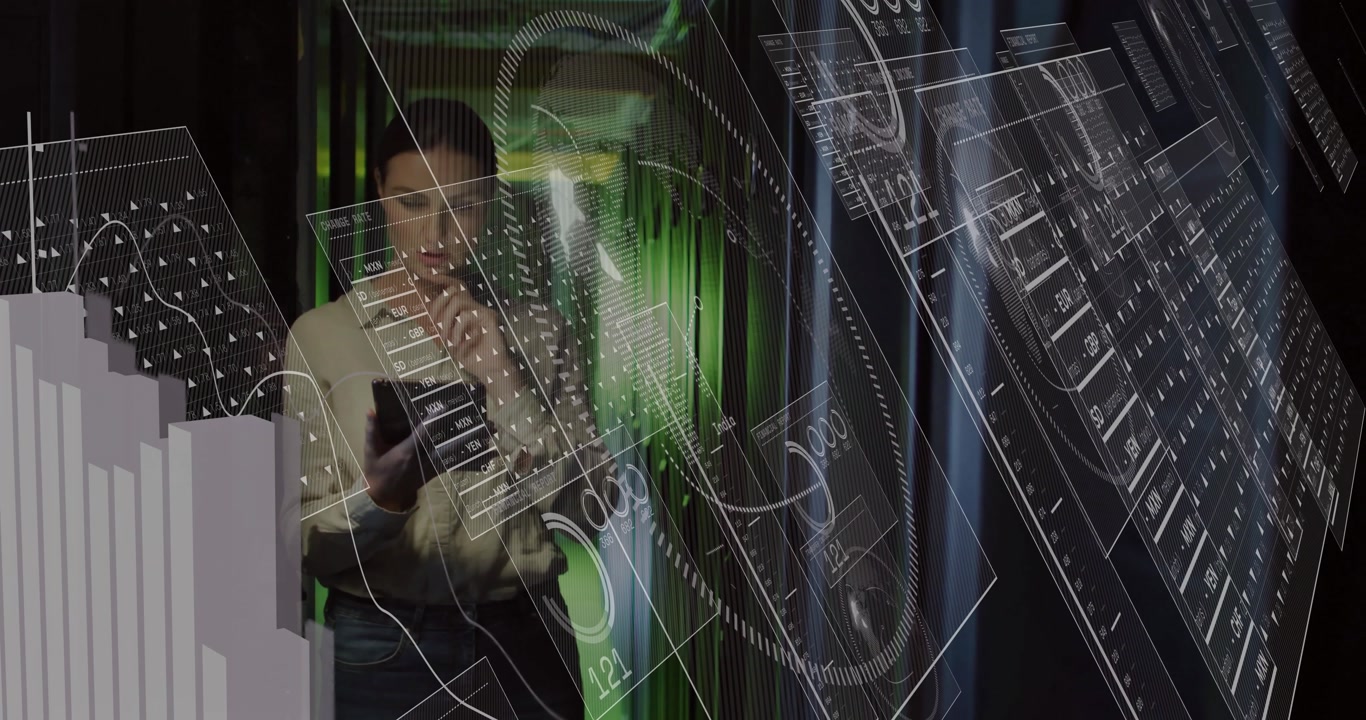Woman interacting with holographic data panels in data center showing graphs and exchange rates
