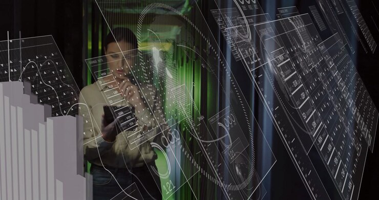 Woman interacting with holographic data panels in data center showing graphs and exchange rates