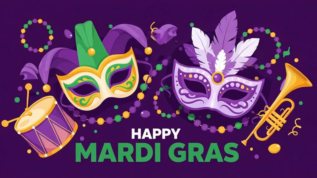Happy Mardi Gras festive background with carnival masks musical instruments and beads