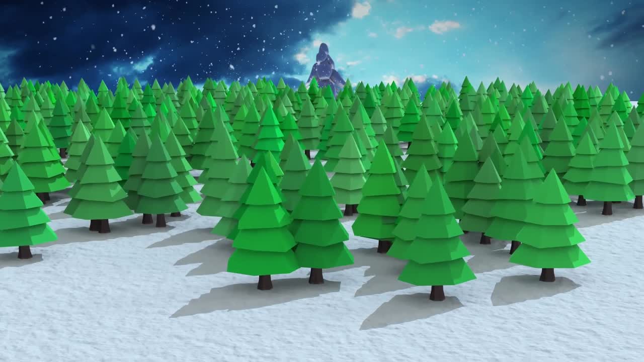 Animation of fir trees over winter landscape