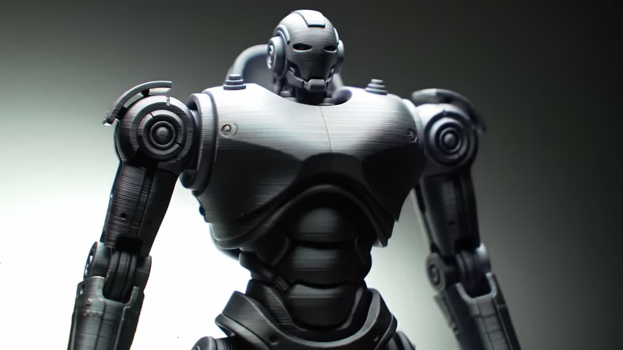 A detailed depiction of a metallic humanoid robot showcasing intricate design elements and a striking silvery finish against a minimalist backdrop, capturing futuristic aesthetics