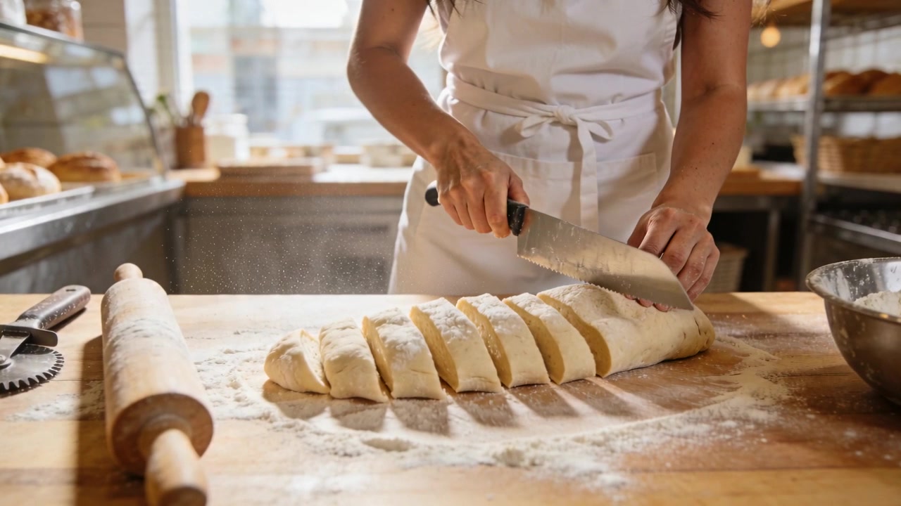 Teigschaber platzierend, drückt und schneidet ein Bäcker in weißer Schürze eine Teigrolle auf einer bemehlten Arbeitsfläche für Portionen