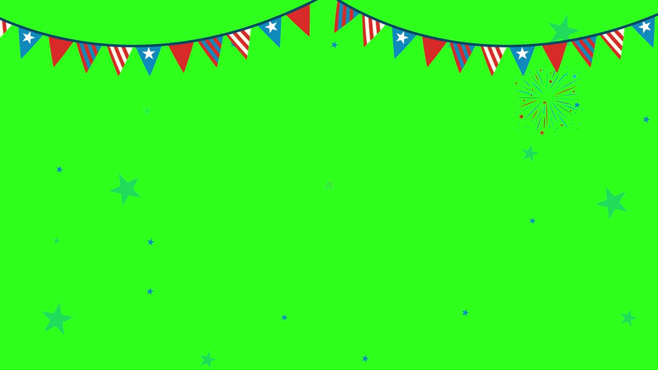 Colorful fireworks burst against a bright green backdrop with festive bunting, creating a lively and celebratory atmosphere