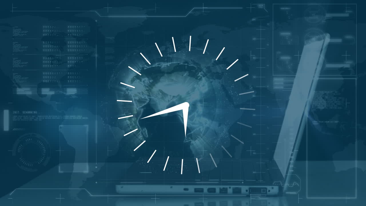 데이터 프로세싱, 글로브 및 노트북을 통해 움직이는 시계의 애니메이션