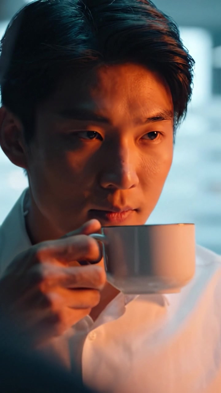 Un Giovane Uomo che si Gode un Momento di Riflessione Mentre Beve da una Tazza di Caffè, Catturato in Luce Calda con Ombre Morbide che Creano un'Atmosfera Intima