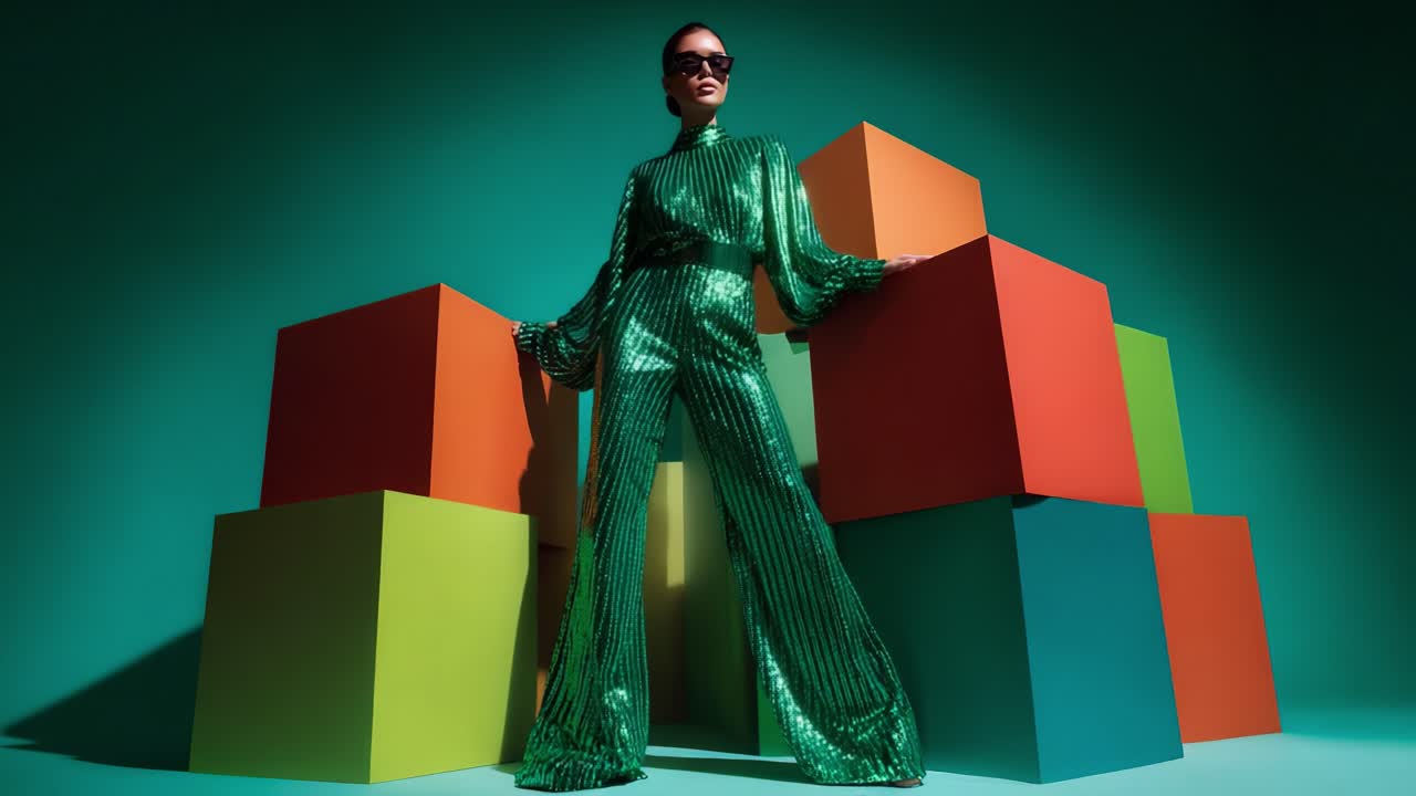 Stylish Model Posing in Vibrant Green Sequined Outfit Against Colorful Cubes, Exuding Confidence and Flair While Showcasing Modern Fashion Trends in Bold, Eye-Catching Display