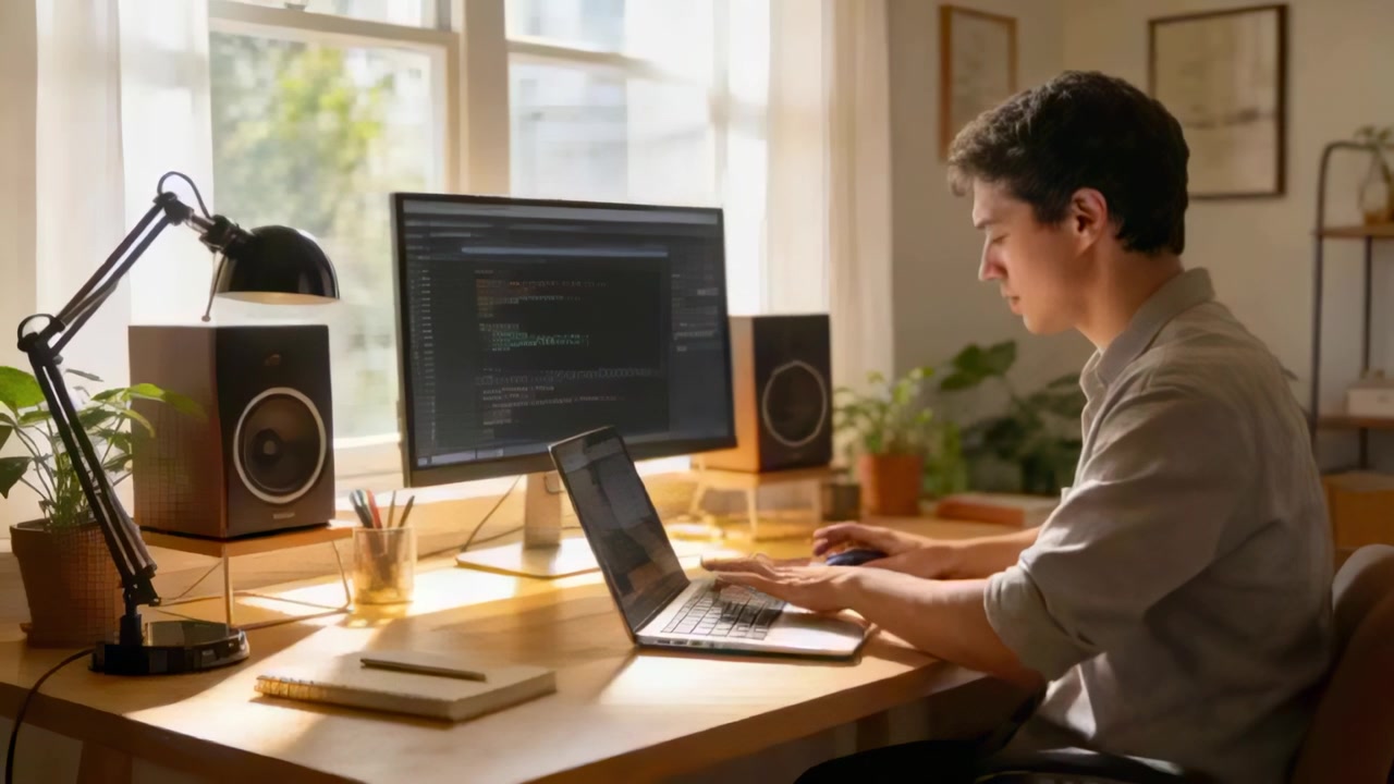 Mand i skjorte, der skriver og rækker ud efter musen, mens han ser kode på kontorskærm og bærbar computer, med plads til tekst