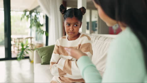 upset child, mother and talking to discipline