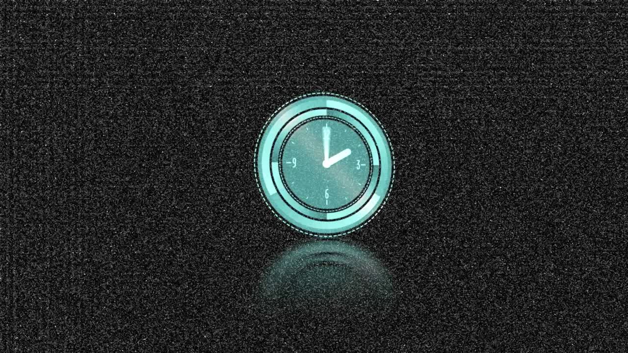 Animation of clock with rotating hands over sparkling black quartz background