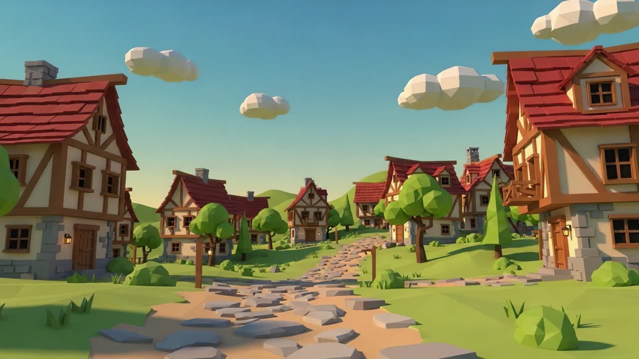 Charming Low-Poly Village Animation: A Serene Journey Through Quaint Houses, Lush Greenery, and Vibrant Skies in a Beautifully Crafted 3D Environment