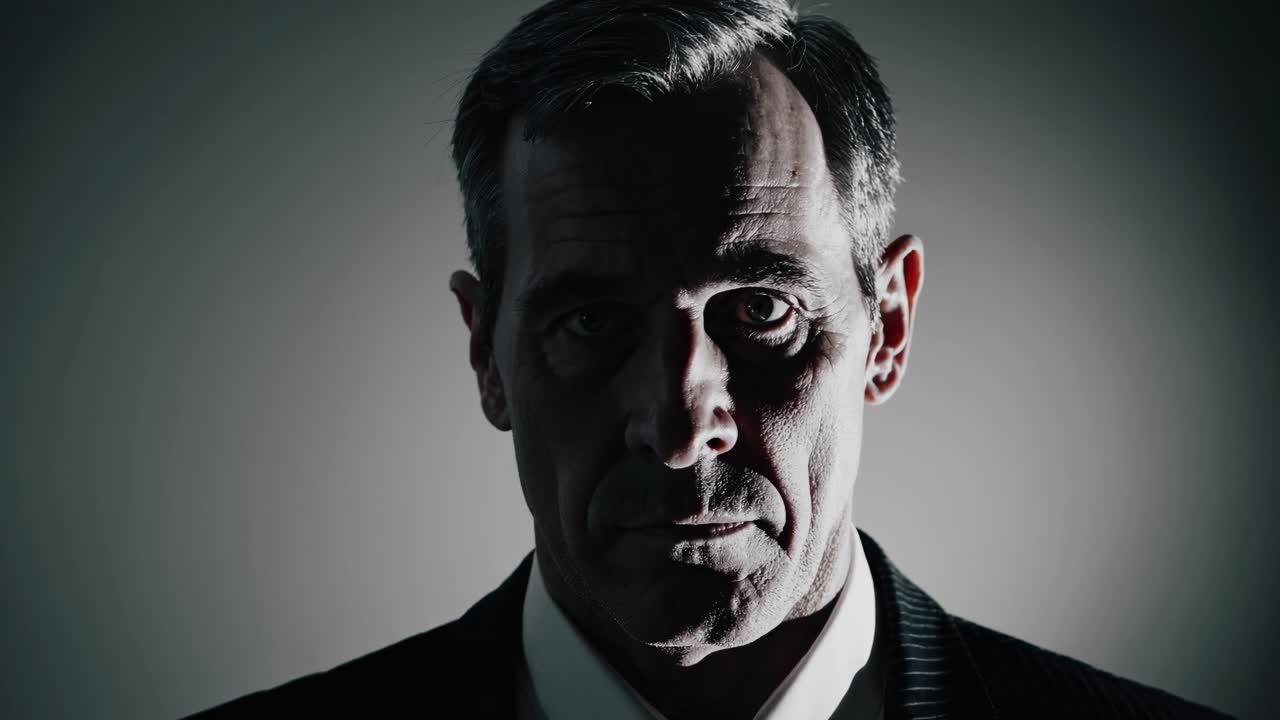 Dramatic close-up video shot with low-angle lighting, highlighting intense shadows on a man's face
