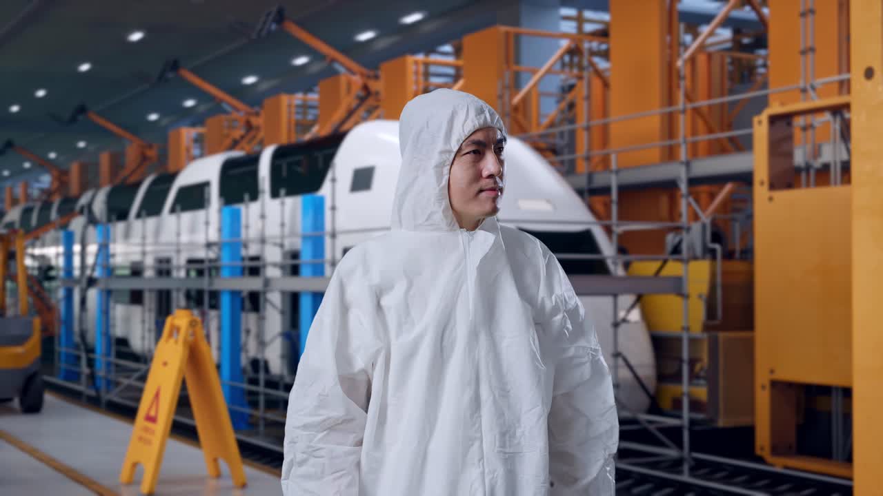 Científico asiático mirando a su alrededor, Ingenieros de mantenimiento de trenes en un depósito