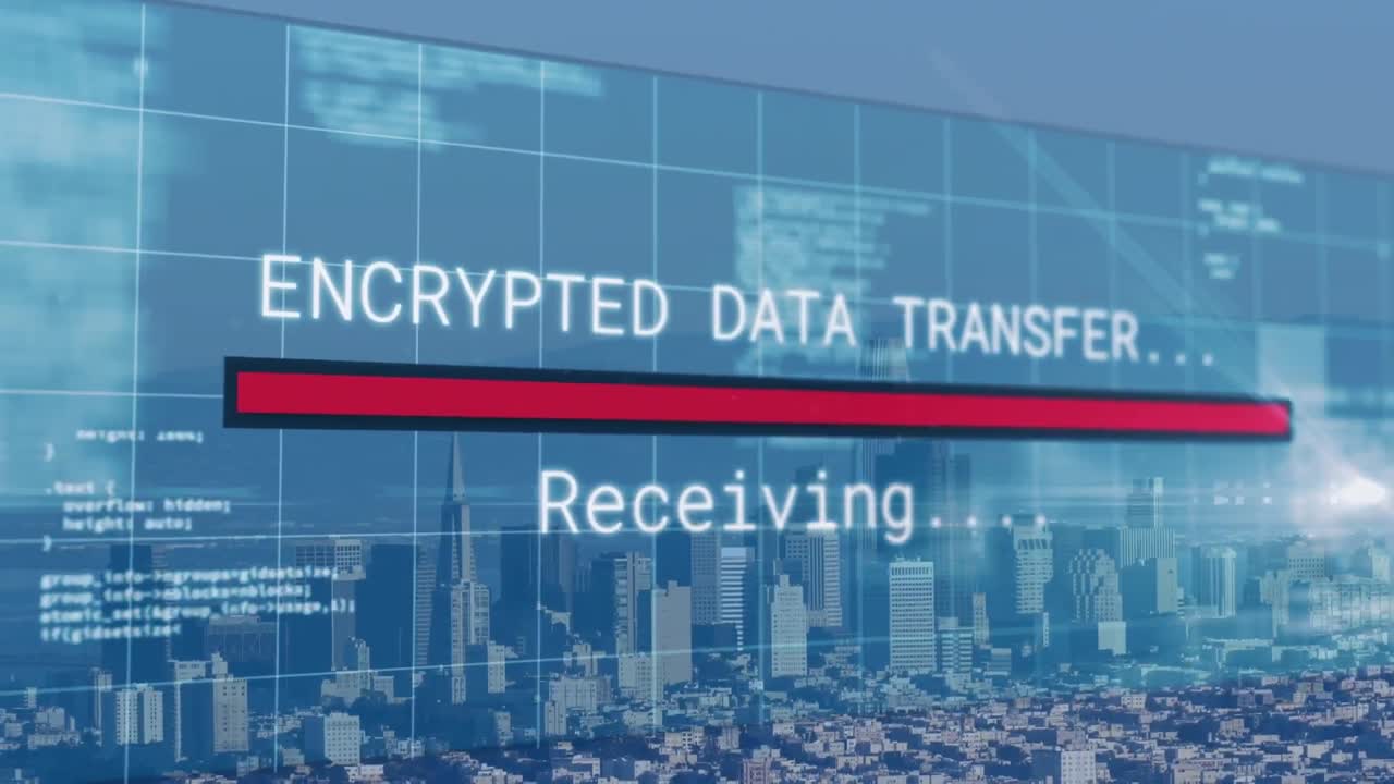 컴퓨터 언어를 통해 텍스트의 애니메이션, 산과 하늘을 배경으로 현대 도시의 항공 풍경