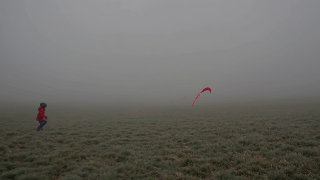 Child Flying Kite in Foggy Field