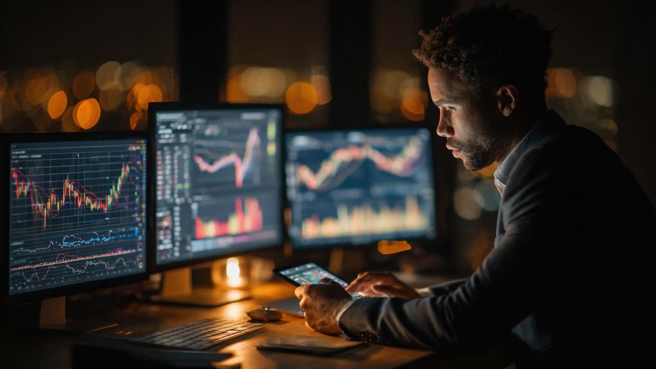 Focused Analytics: A Professional Examines Financial Data Trends Using Multiple Screens in a Sophisticated Office Environment During Nighttime Hours
